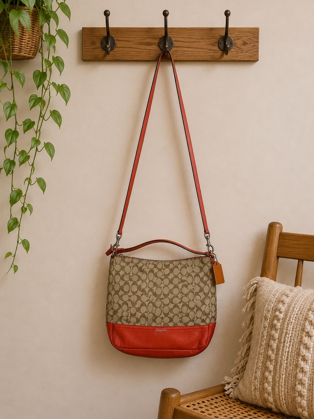 Coach Park Signature Hobo F23279 Khaki Vermillion Shoulder Crossbody Bag Bright